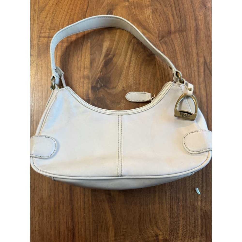 Chaps Beige Shoulder Bag Brass Hardware Pebbled Faux Leather Stirrup Charm Nice